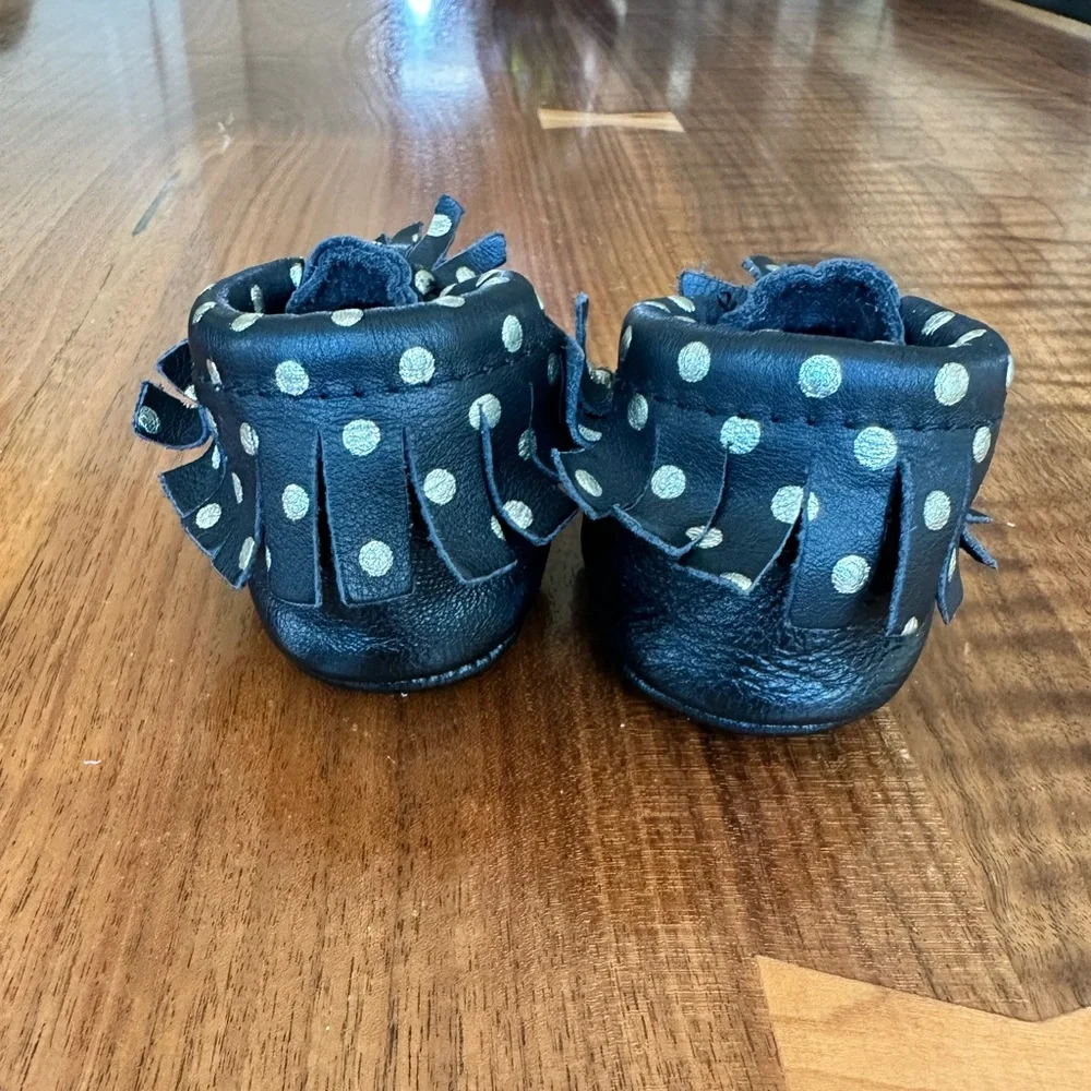Freshly Picked Fringe Leather Moccasins Black Gold Polka Dots.